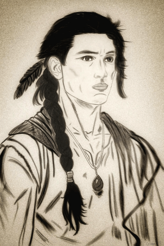 Hand-drawn portrait of Silas Catu, Kora’s childhood best friend in The Scarred Vein. He is shown with a long braided hairstyle, a feather tied into his hair, and a pendant necklace, reflecting his quiet strength and deep loyalty.